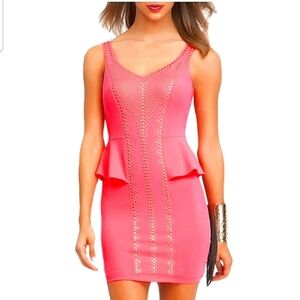 BEBE Peplum Bodycon V Front/back Gold Studded Mini Dress In Neon Pink.Size Small